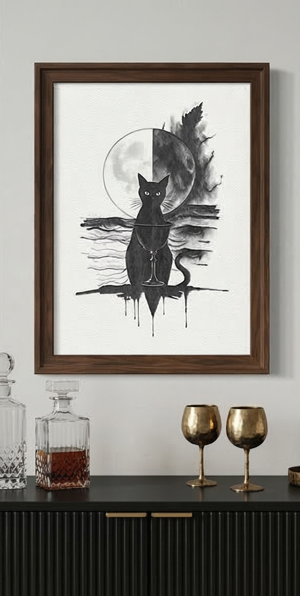 Framed artwork of a black cat with a moon and feathers on a white background, displayed on a wall above a dark surface with decorative items.