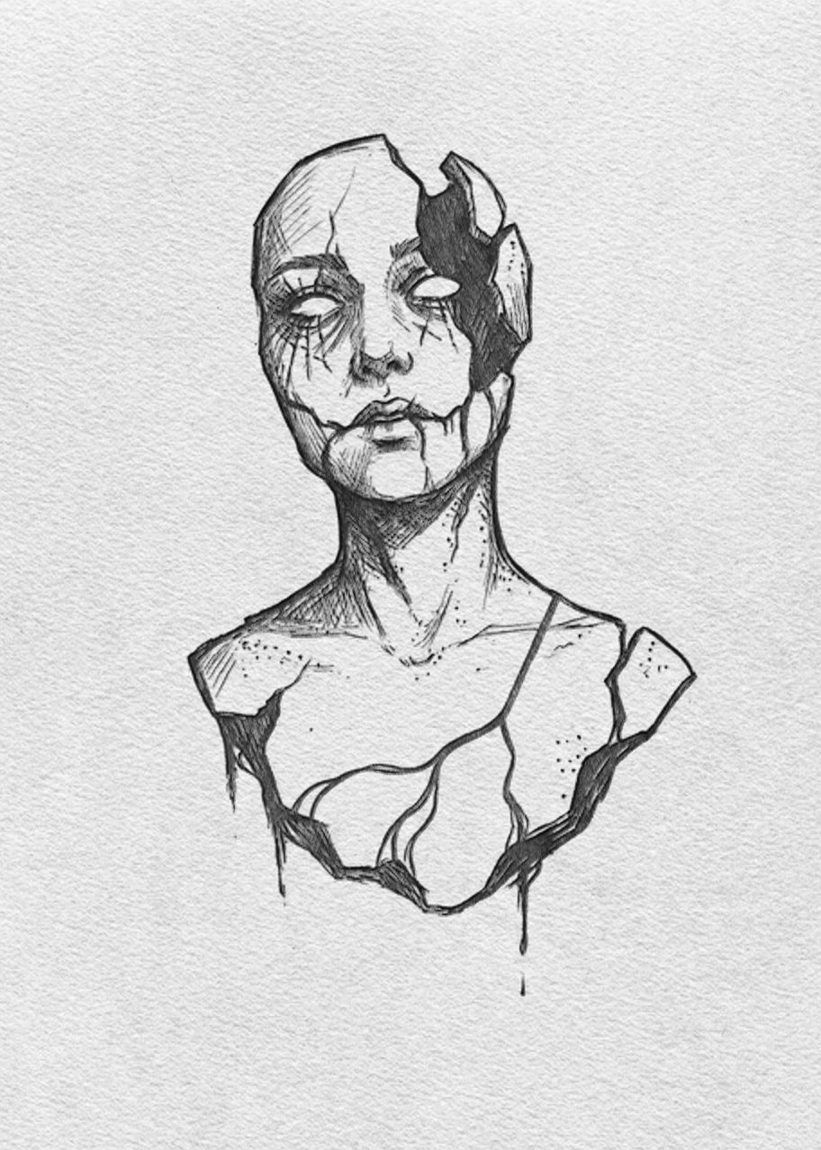 Black and white line drawing of a fragmented  body on a light gray background