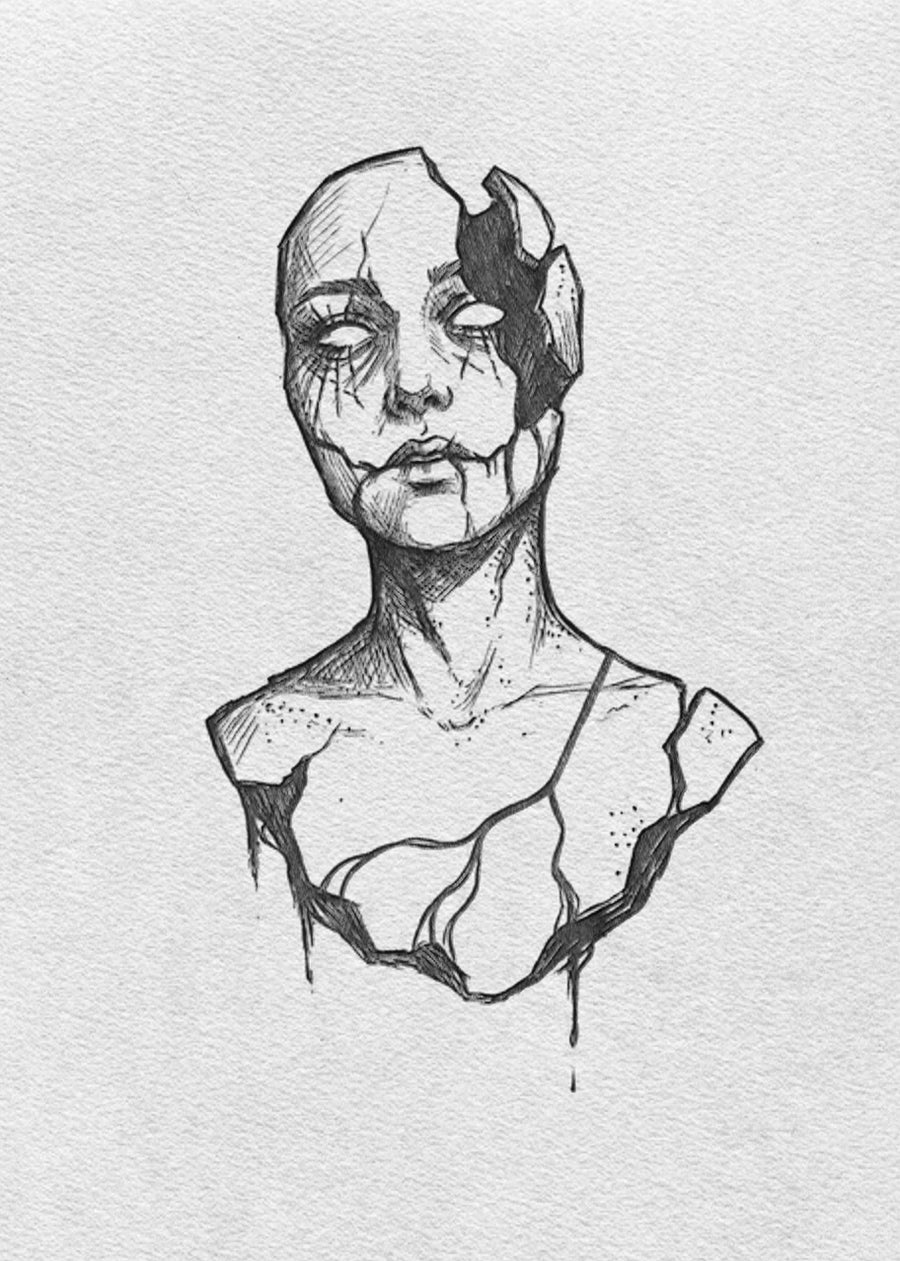 Black and white line drawing of a fragmented  body on a light gray background