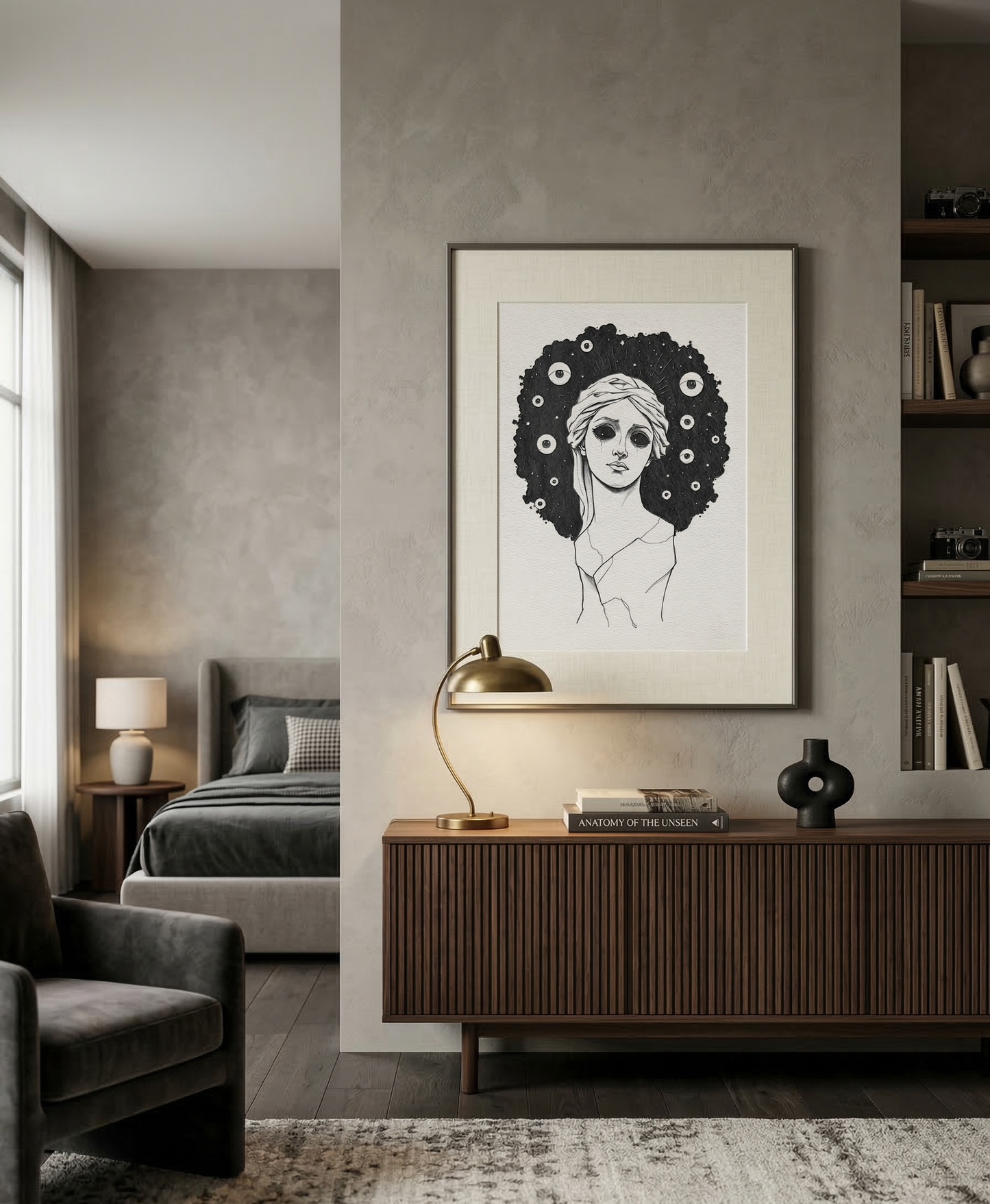 Modern bedroom with a framed artwork on the wall, bed, and side table.