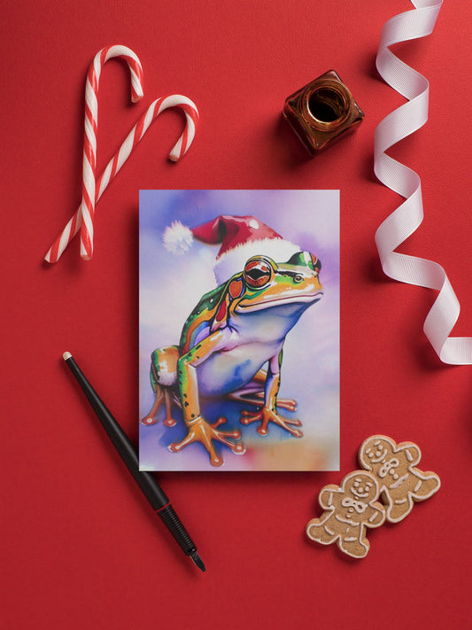 FROGGY HOPPY HOLIDAZE! Colorful Christmas Frog Cards + Envelopes (Saint Mistletoad) - aTinyArtGarageArt Print